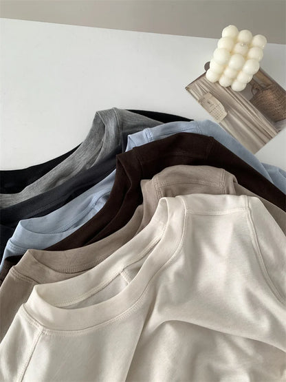 Silk Wool Splice Long Sleeve T-shirt Women Spring Summer Thin Soft Waxy Fit Solid Color Backing Top