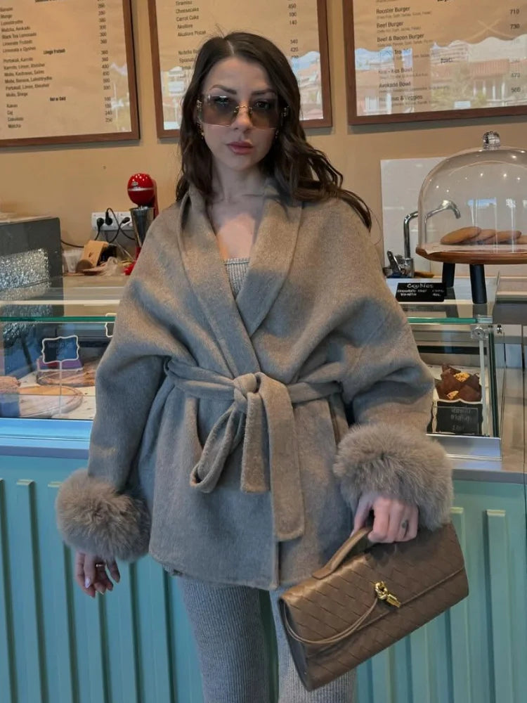 Solid Lace Up Faux Fur Sleeve Jacket Woman Elegant Mid-length V-neck Woolen Blend Coat Autumn Casual Fashion Scarf Outwear 2025