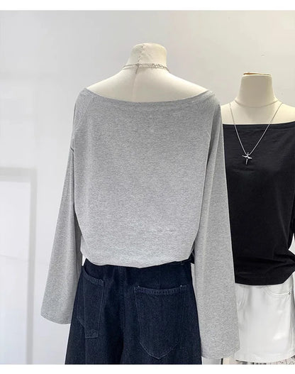 One Shoulder Cotton Slant Shoulder Long Sleeve Women's Clothing Style Interior Wide Truffle Shoulder Base Autumn Winter Shirt