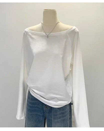 One Shoulder Cotton Slant Shoulder Long Sleeve Women's Clothing Style Interior Wide Truffle Shoulder Base Autumn Winter Shirt