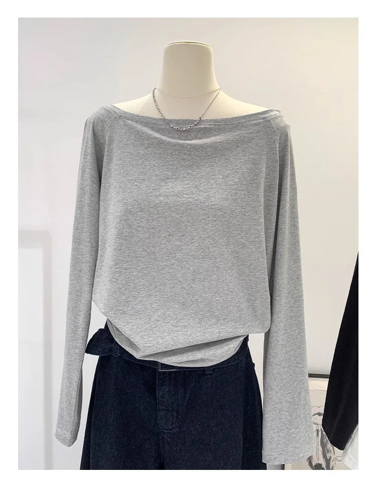 One Shoulder Cotton Slant Shoulder Long Sleeve Women's Clothing Style Interior Wide Truffle Shoulder Base Autumn Winter Shirt