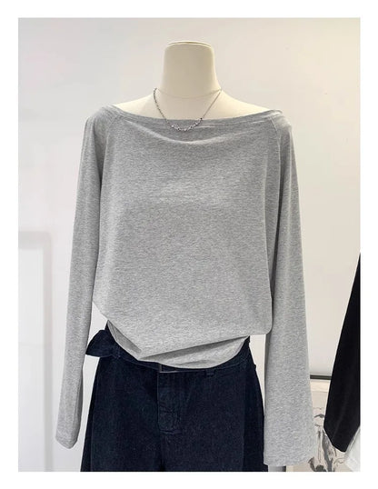 One Shoulder Cotton Slant Shoulder Long Sleeve Women's Clothing Style Interior Wide Truffle Shoulder Base Autumn Winter Shirt