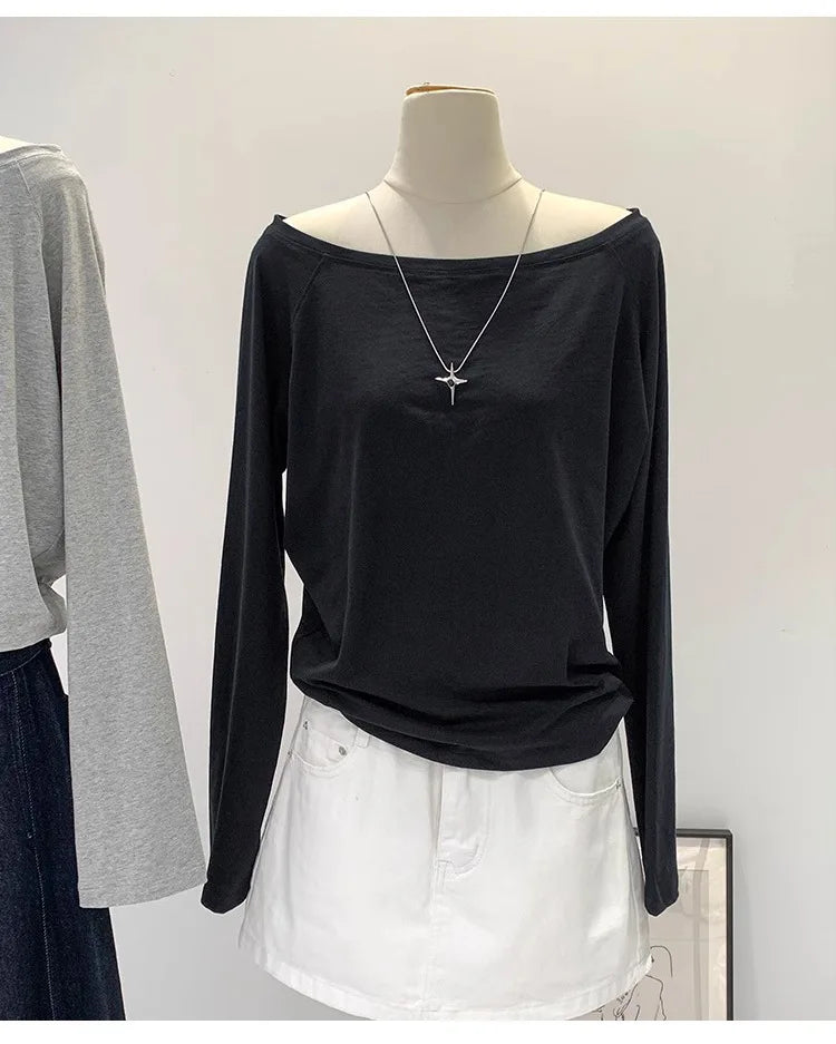 One Shoulder Cotton Slant Shoulder Long Sleeve Women's Clothing Style Interior Wide Truffle Shoulder Base Autumn Winter Shirt