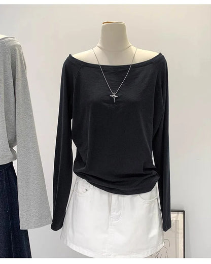 One Shoulder Cotton Slant Shoulder Long Sleeve Women's Clothing Style Interior Wide Truffle Shoulder Base Autumn Winter Shirt