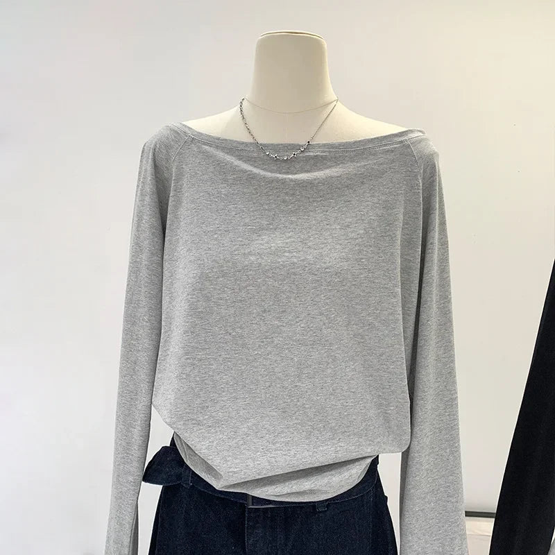 One Shoulder Cotton Slant Shoulder Long Sleeve Women's Clothing Style Interior Wide Truffle Shoulder Base Autumn Winter Shirt