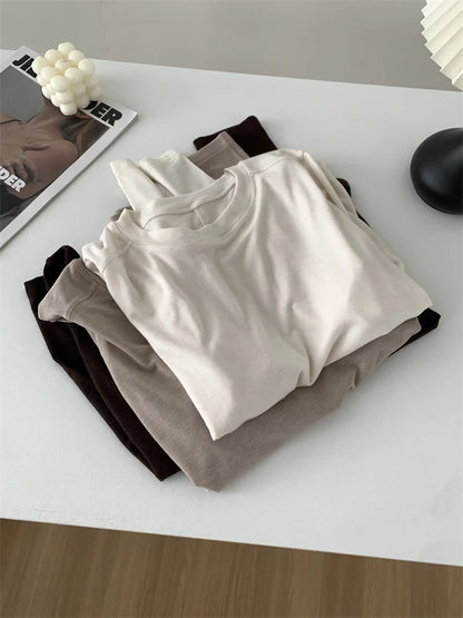 Silk Wool Splice Long Sleeve T-shirt Women Spring Summer Thin Soft Waxy Fit Solid Color Backing Top