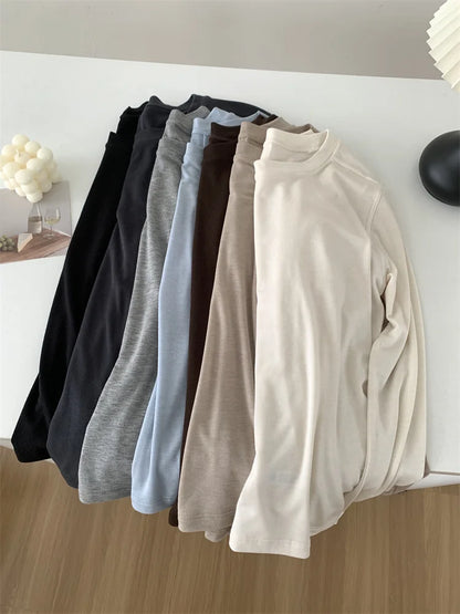 Silk Wool Splice Long Sleeve T-shirt Women Spring Summer Thin Soft Waxy Fit Solid Color Backing Top