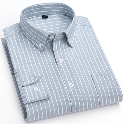 Men's Trendy Striped Lapel Collar Design Cotton Dress Shirts, Long Sleeve Casual Button Up Commuter Shirt For Spring/Fall