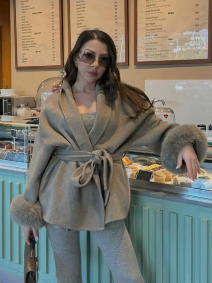 Solid Lace Up Faux Fur Sleeve Jacket Woman Elegant Mid-length V-neck Woolen Blend Coat Autumn Casual Fashion Scarf Outwear 2025