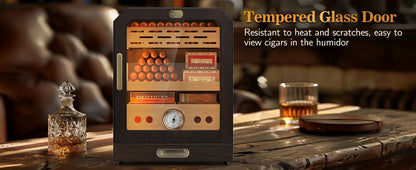 Cigar Humidor, Lighted Control Magnetic Door, with Cigar Accessory Drawer and 2 humidifiers 3 Layer Large Capacity Storage