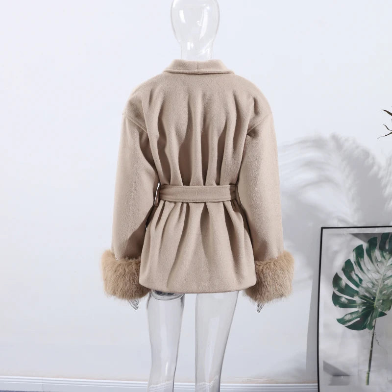 Solid Lace Up Faux Fur Sleeve Jacket Woman Elegant Mid-length V-neck Woolen Blend Coat Autumn Casual Fashion Scarf Outwear 2025