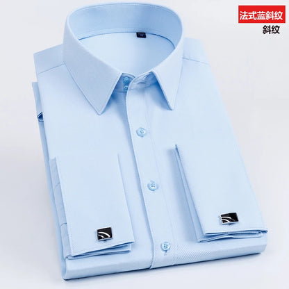 Men's French cufflinks shirt, men's slim fit long sleeved business sleeve nail free business formal men's solid color shirt