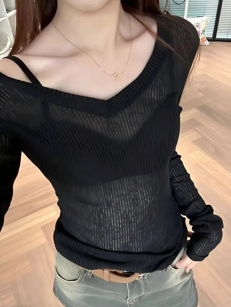 Women Long Sleeve T Shirt Thin Perspective Summer Solid Slim Casual Shirts Female Pullovers Basic Tee Y2k Clothes Streetwear Top