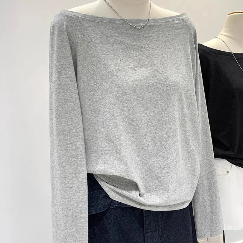 One Shoulder Cotton Slant Shoulder Long Sleeve Women's Clothing Style Interior Wide Truffle Shoulder Base Autumn Winter Shirt