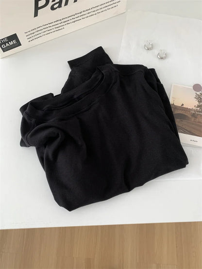 Silk Wool Splice Long Sleeve T-shirt Women Spring Summer Thin Soft Waxy Fit Solid Color Backing Top