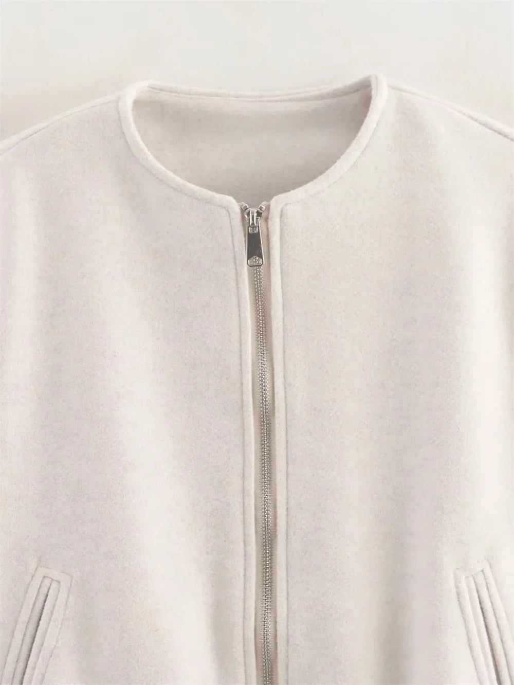 Ladies Fashion Autumn Winter Jacket Women Retro Round Neck Long Sleeve Elastic Hem Zipper Soft Bomber Jacket Women Coat Female