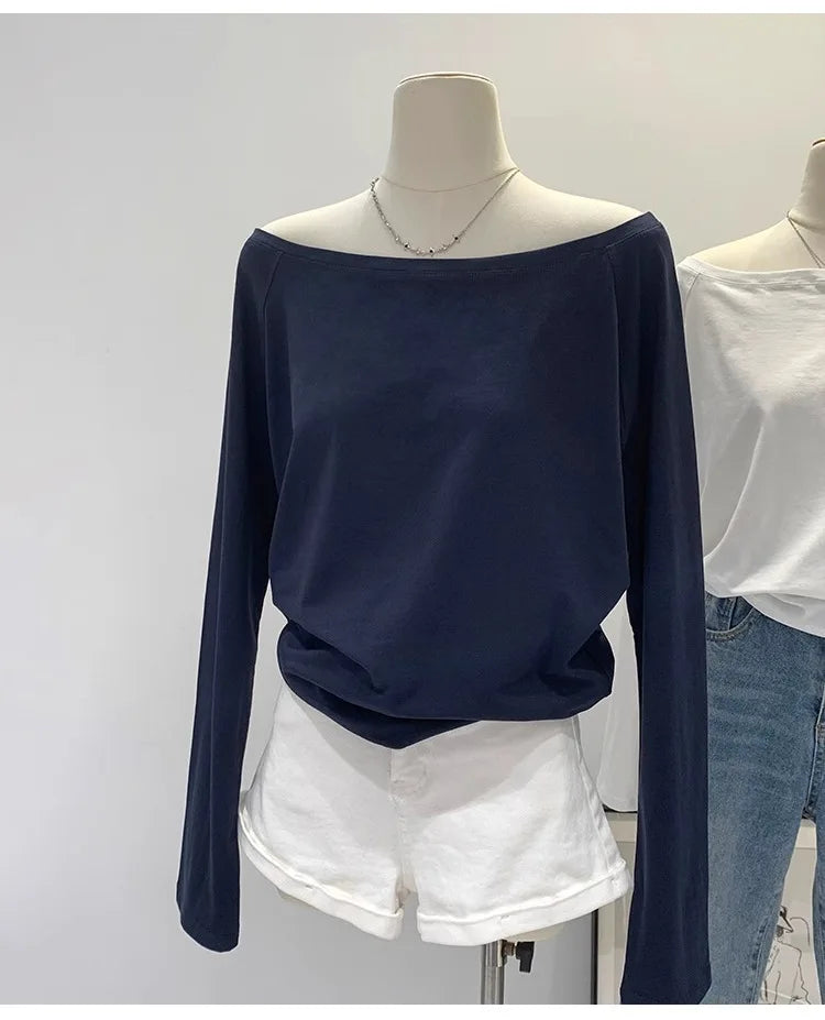 One Shoulder Cotton Slant Shoulder Long Sleeve Women's Clothing Style Interior Wide Truffle Shoulder Base Autumn Winter Shirt