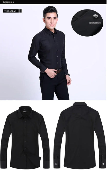 Men's French cufflinks shirt, men's slim fit long sleeved business sleeve nail free business formal men's solid color shirt