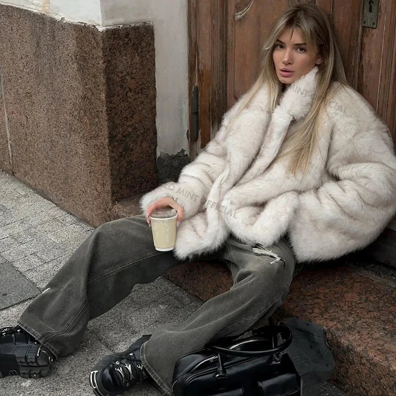 Neo Mint Gradient Faux Fur Oversized Coat – Women’s Winter Luxury Jacket