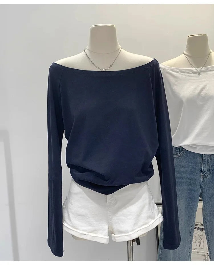 One Shoulder Cotton Slant Shoulder Long Sleeve Women's Clothing Style Interior Wide Truffle Shoulder Base Autumn Winter Shirt