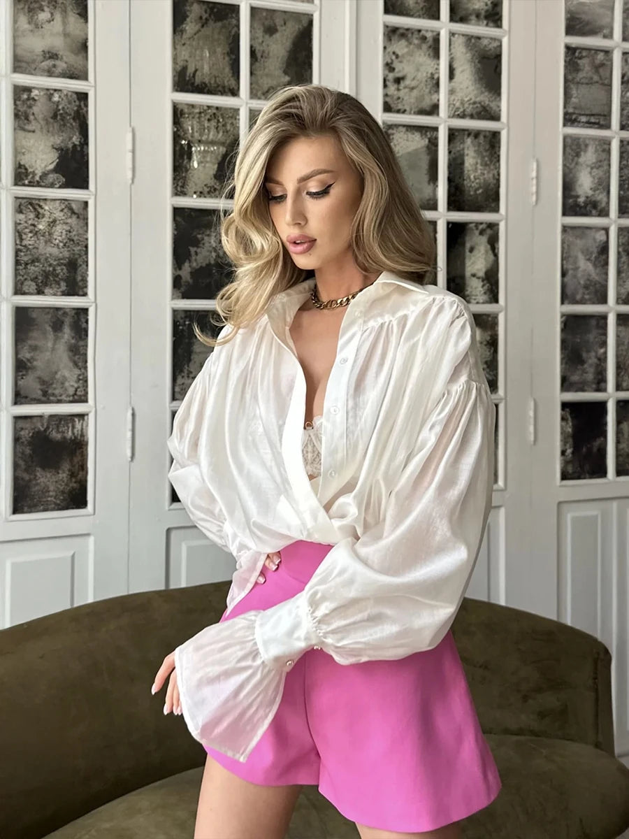 Bornladies Autumn Women's Fashionable Loose Collared Shirt Office Lady Solid Color Versatile Flare sleeve Top Long Sleeved Shirt