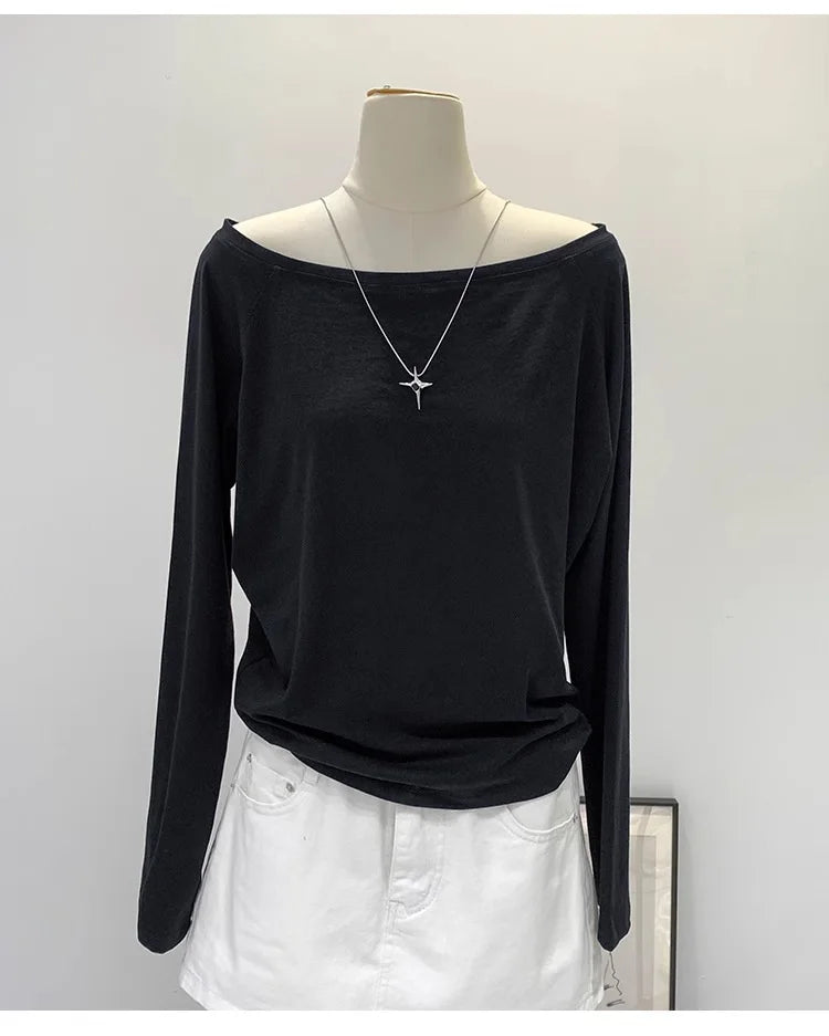 One Shoulder Cotton Slant Shoulder Long Sleeve Women's Clothing Style Interior Wide Truffle Shoulder Base Autumn Winter Shirt