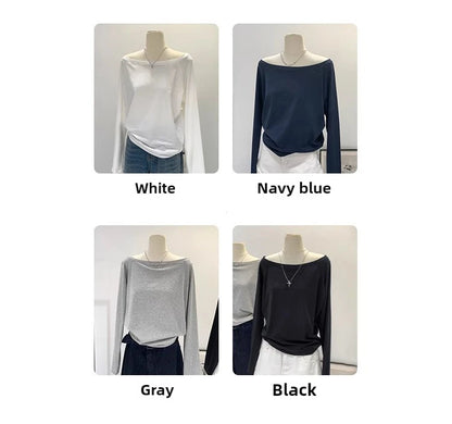 One Shoulder Cotton Slant Shoulder Long Sleeve Women's Clothing Style Interior Wide Truffle Shoulder Base Autumn Winter Shirt