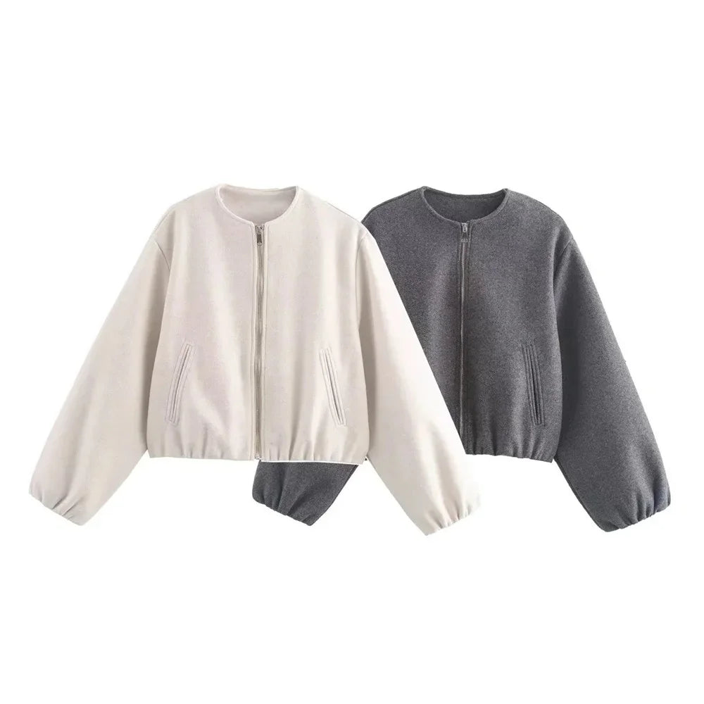 Ladies Fashion Autumn Winter Jacket Women Retro Round Neck Long Sleeve Elastic Hem Zipper Soft Bomber Jacket Women Coat Female