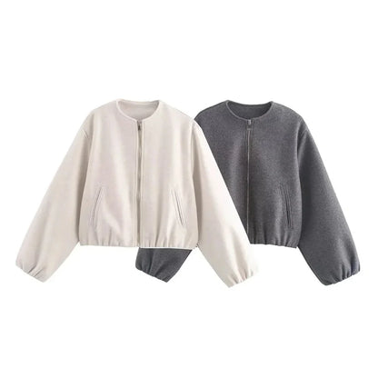 Ladies Fashion Autumn Winter Jacket Women Retro Round Neck Long Sleeve Elastic Hem Zipper Soft Bomber Jacket Women Coat Female