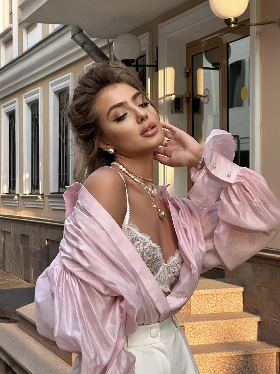 Bornladies Autumn Women's Fashionable Loose Collared Shirt Office Lady Solid Color Versatile Flare sleeve Top Long Sleeved Shirt