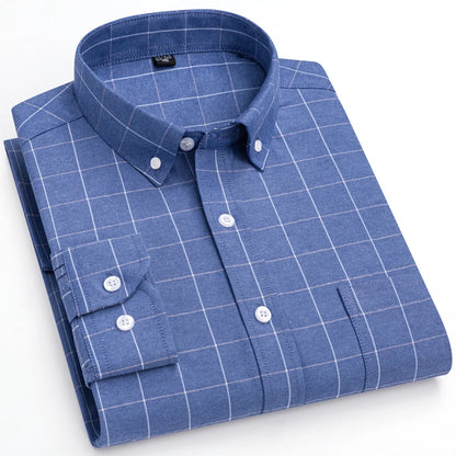 Men's Trendy Striped Lapel Collar Design Cotton Dress Shirts, Long Sleeve Casual Button Up Commuter Shirt For Spring/Fall