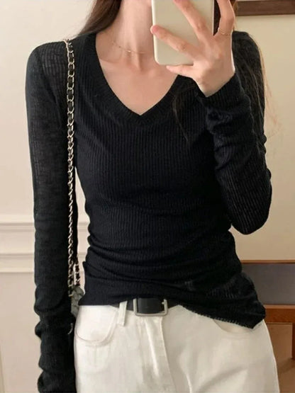 Women Long Sleeve T Shirt Thin Perspective Summer Solid Slim Casual Shirts Female Pullovers Basic Tee Y2k Clothes Streetwear Top