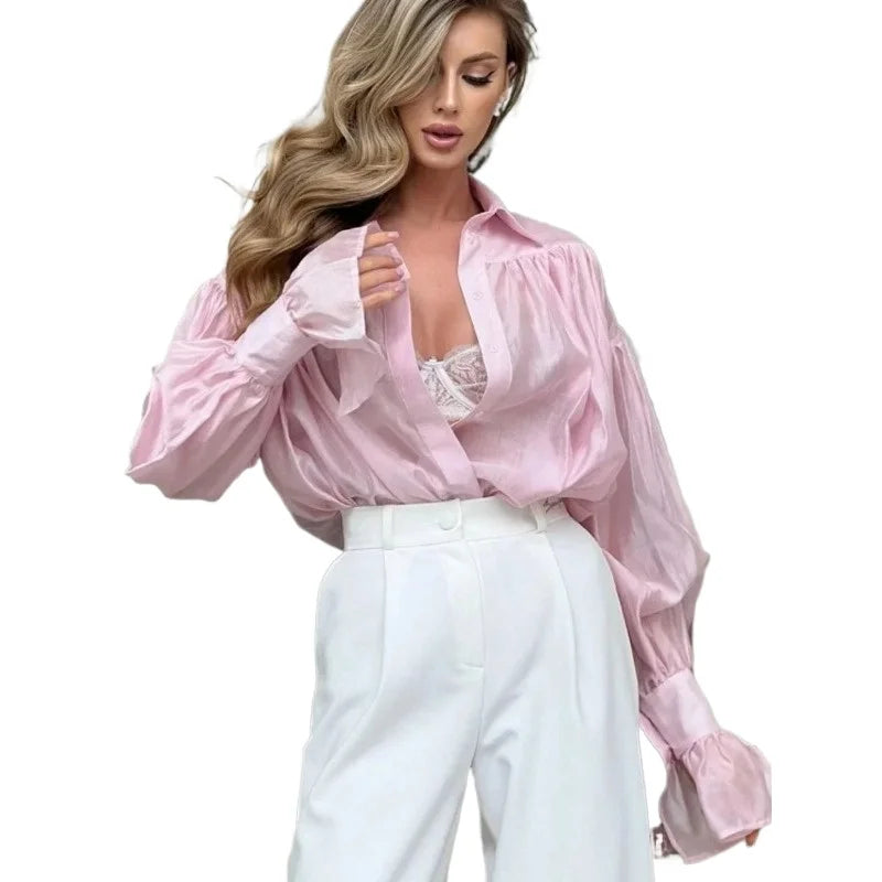 Bornladies Autumn Women's Fashionable Loose Collared Shirt Office Lady Solid Color Versatile Flare sleeve Top Long Sleeved Shirt