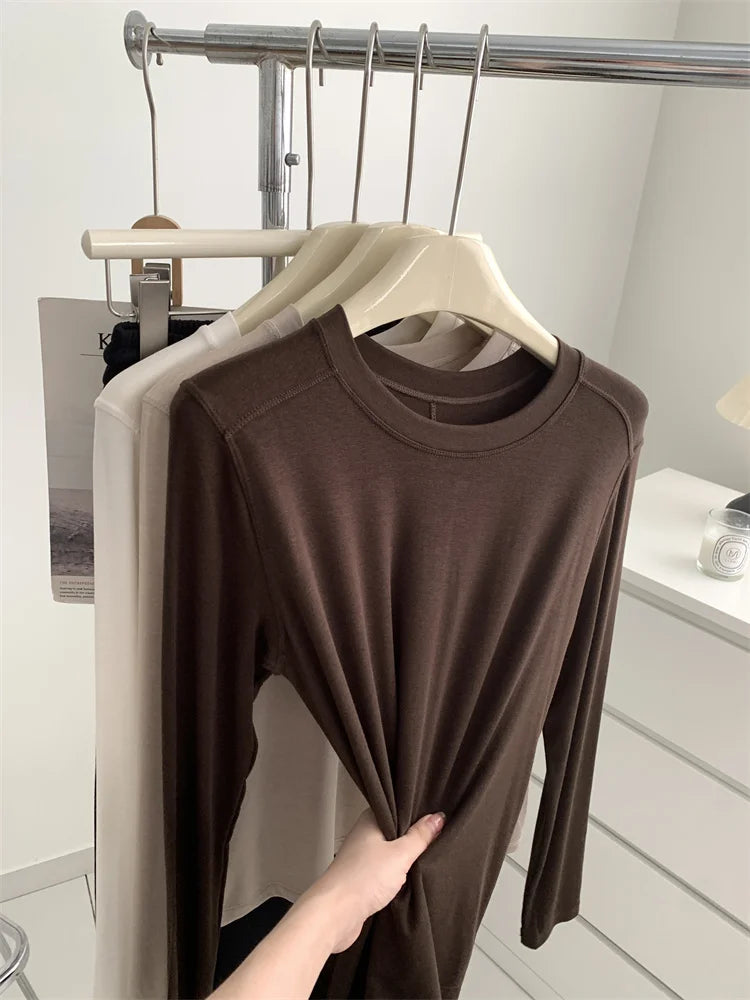 Silk Wool Splice Long Sleeve T-shirt Women Spring Summer Thin Soft Waxy Fit Solid Color Backing Top
