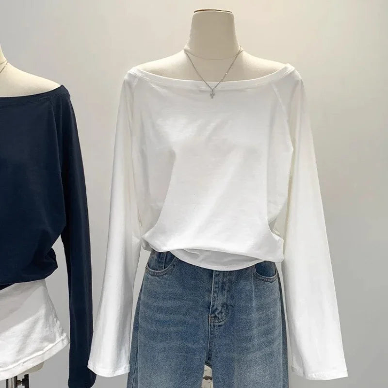 One Shoulder Cotton Slant Shoulder Long Sleeve Women's Clothing Style Interior Wide Truffle Shoulder Base Autumn Winter Shirt