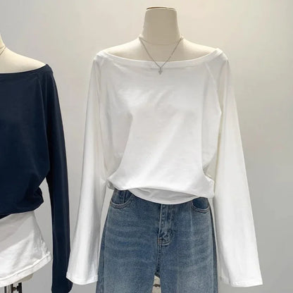 One Shoulder Cotton Slant Shoulder Long Sleeve Women's Clothing Style Interior Wide Truffle Shoulder Base Autumn Winter Shirt