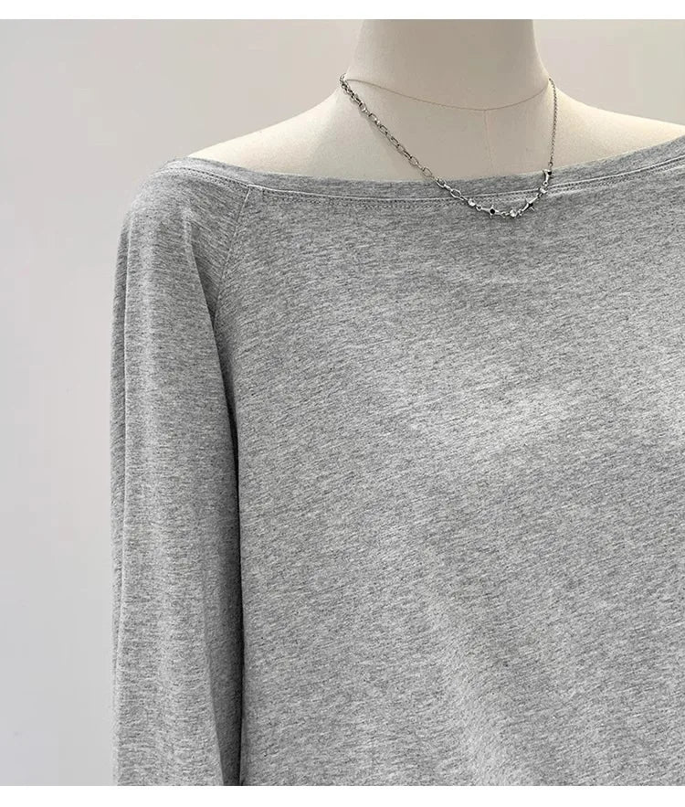 One Shoulder Cotton Slant Shoulder Long Sleeve Women's Clothing Style Interior Wide Truffle Shoulder Base Autumn Winter Shirt