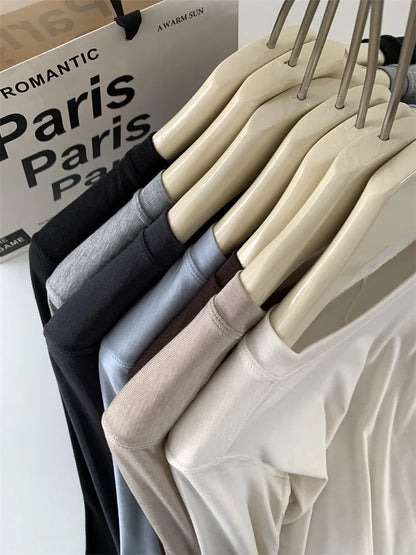 Silk Wool Splice Long Sleeve T-shirt Women Spring Summer Thin Soft Waxy Fit Solid Color Backing Top