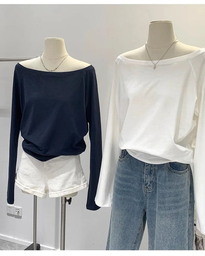 One Shoulder Cotton Slant Shoulder Long Sleeve Women's Clothing Style Interior Wide Truffle Shoulder Base Autumn Winter Shirt