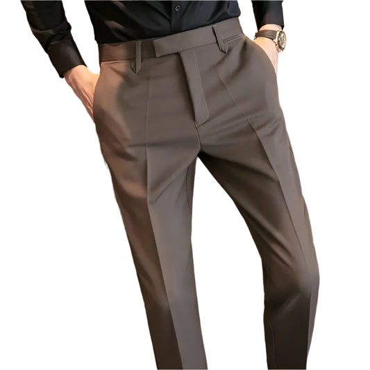 Men's British Style Coffee Brown Business Casual Trousers – Slim Fit Draped Dress Pants for Spring & Autumn