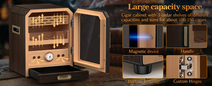 Cigar Humidor, Lighted Control Magnetic Door, with Cigar Accessory Drawer and 2 humidifiers 3 Layer Large Capacity Storage