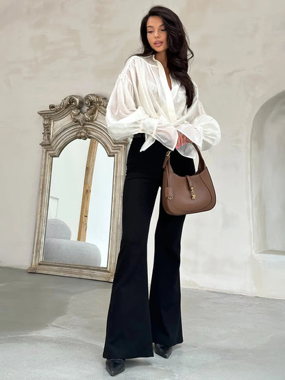 Bornladies Autumn Women's Fashionable Loose Collared Shirt Office Lady Solid Color Versatile Flare sleeve Top Long Sleeved Shirt