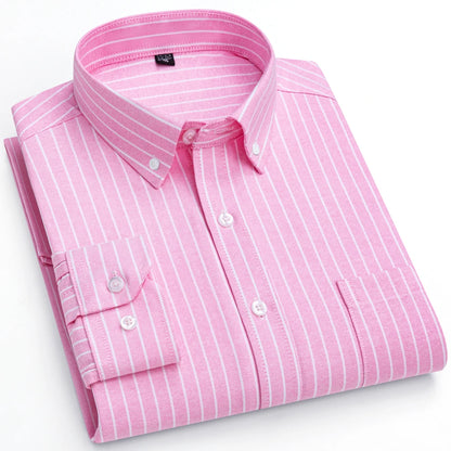 Men's Trendy Striped Lapel Collar Design Cotton Dress Shirts, Long Sleeve Casual Button Up Commuter Shirt For Spring/Fall