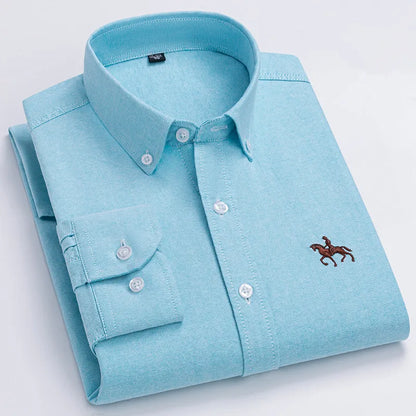 100% Cotton Oxford Man Leisure Embroidered Horse Shirts Streetwear Oversized Men Shirt Floral Long Sleeve Casual Plus Size