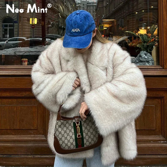 Neo Mint Gradient Faux Fur Oversized Coat – Women’s Winter Luxury Jacket