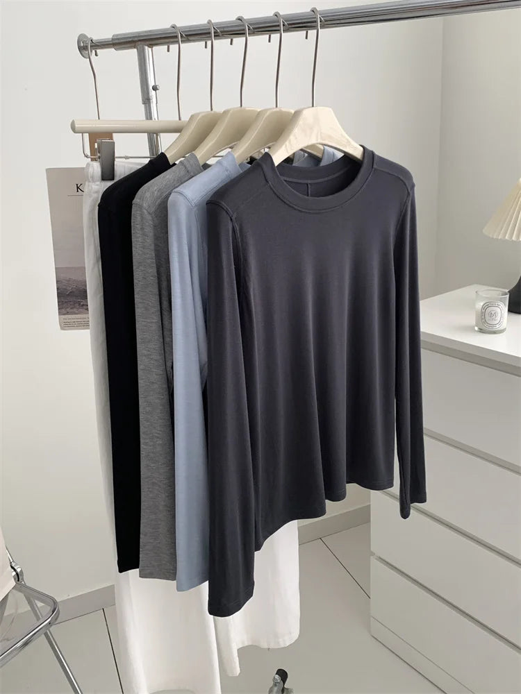 Silk Wool Splice Long Sleeve T-shirt Women Spring Summer Thin Soft Waxy Fit Solid Color Backing Top