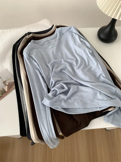 Silk Wool Splice Long Sleeve T-shirt Women Spring Summer Thin Soft Waxy Fit Solid Color Backing Top