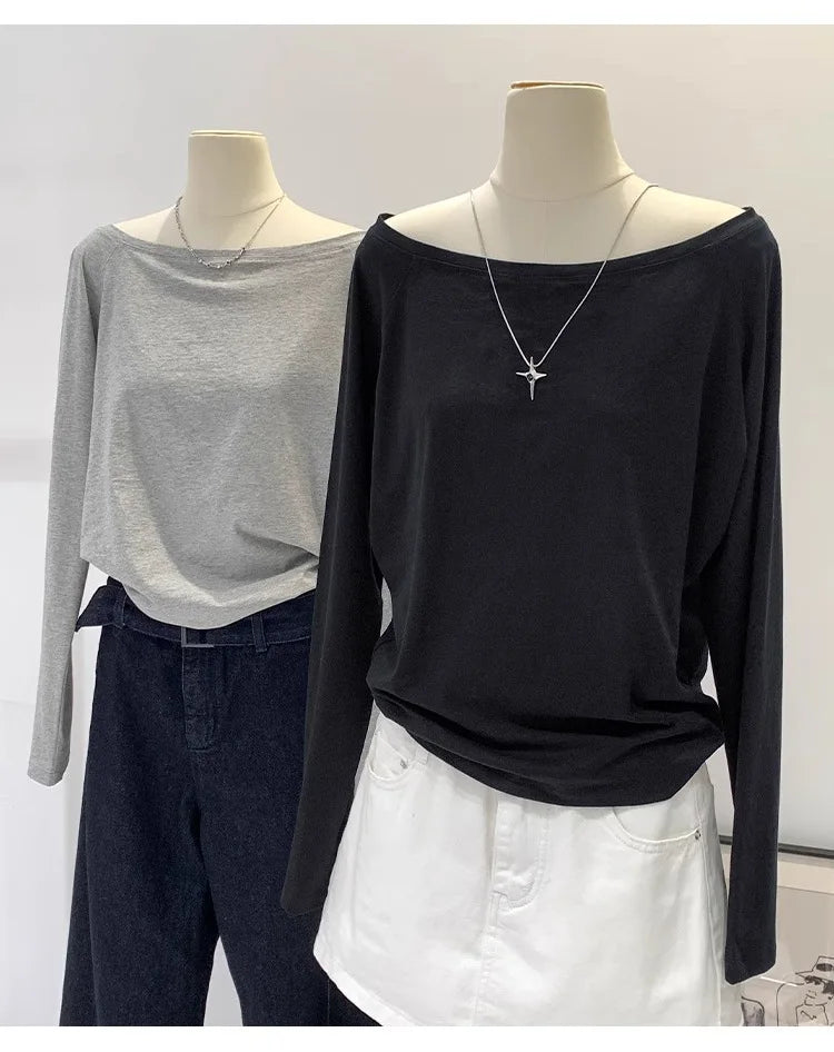 One Shoulder Cotton Slant Shoulder Long Sleeve Women's Clothing Style Interior Wide Truffle Shoulder Base Autumn Winter Shirt