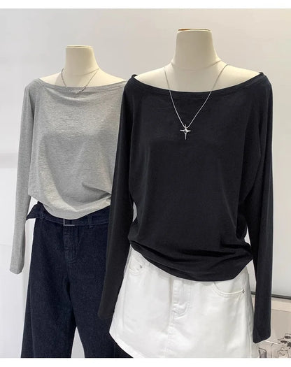 One Shoulder Cotton Slant Shoulder Long Sleeve Women's Clothing Style Interior Wide Truffle Shoulder Base Autumn Winter Shirt