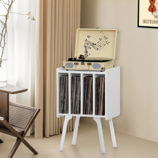 Lerliuo Black Vinyl Record Player Stand with 4 Cabinets, Holds Up to 100 Albums, Mid-Century Phono Display Table with Wooden Legs for Living Room or Lab Decor